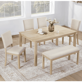 6 Piece Dining Table Set with Bench, Wooden Rectangular Kitchen Table Set with Bench and 4 Upholstered Chairs for Living Room, Kitchen, Dining Ro