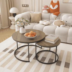 Nesting Coffee Table Set of 2, 27.6inch Round Coffee Table Industrial Wood Finish with Sturdy Metal Frame (Color: brown, Material: Wood+Metal)